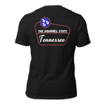 Back of black unisex t-shirt with retro Tennessee “The Squirrel State” graphic featuring three squirrels and bold text