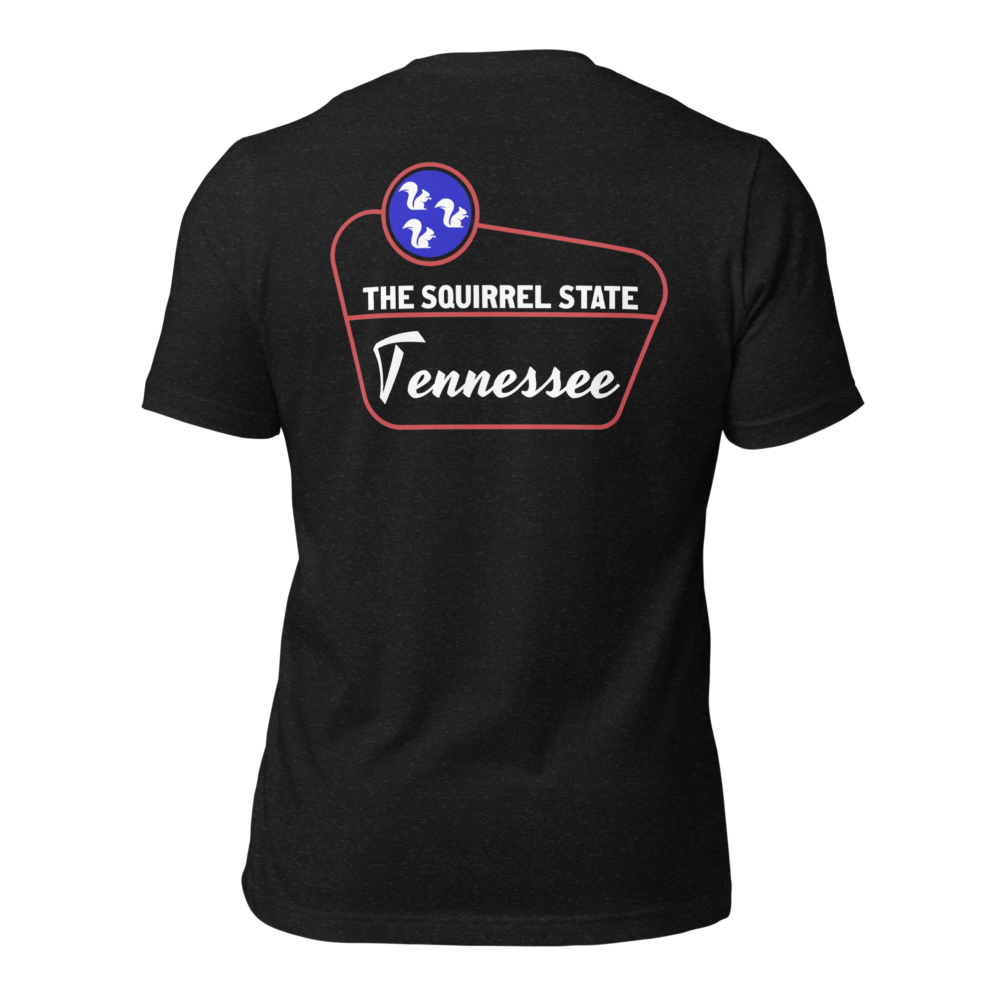 Back of black unisex t-shirt with retro Tennessee “The Squirrel State” graphic featuring three squirrels and bold text